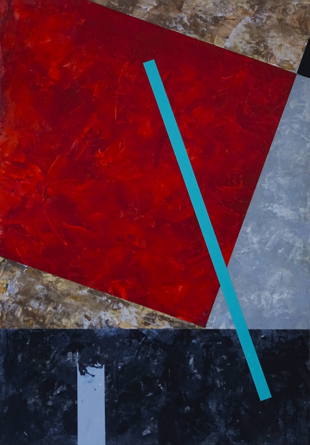 Título: Std.08 Composición abstracta con formas geométricas en rojo, azul y tonos neutros.
