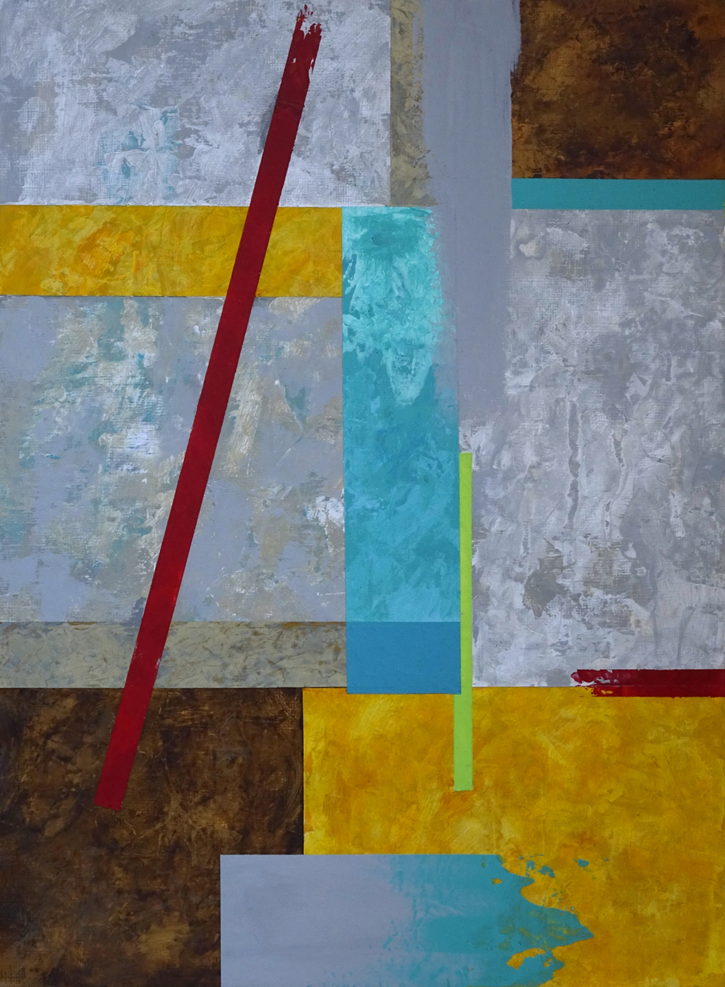 Título: Std.05 Composición abstracta con formas geométricas en tonos azul, gris, marrón y rojo.