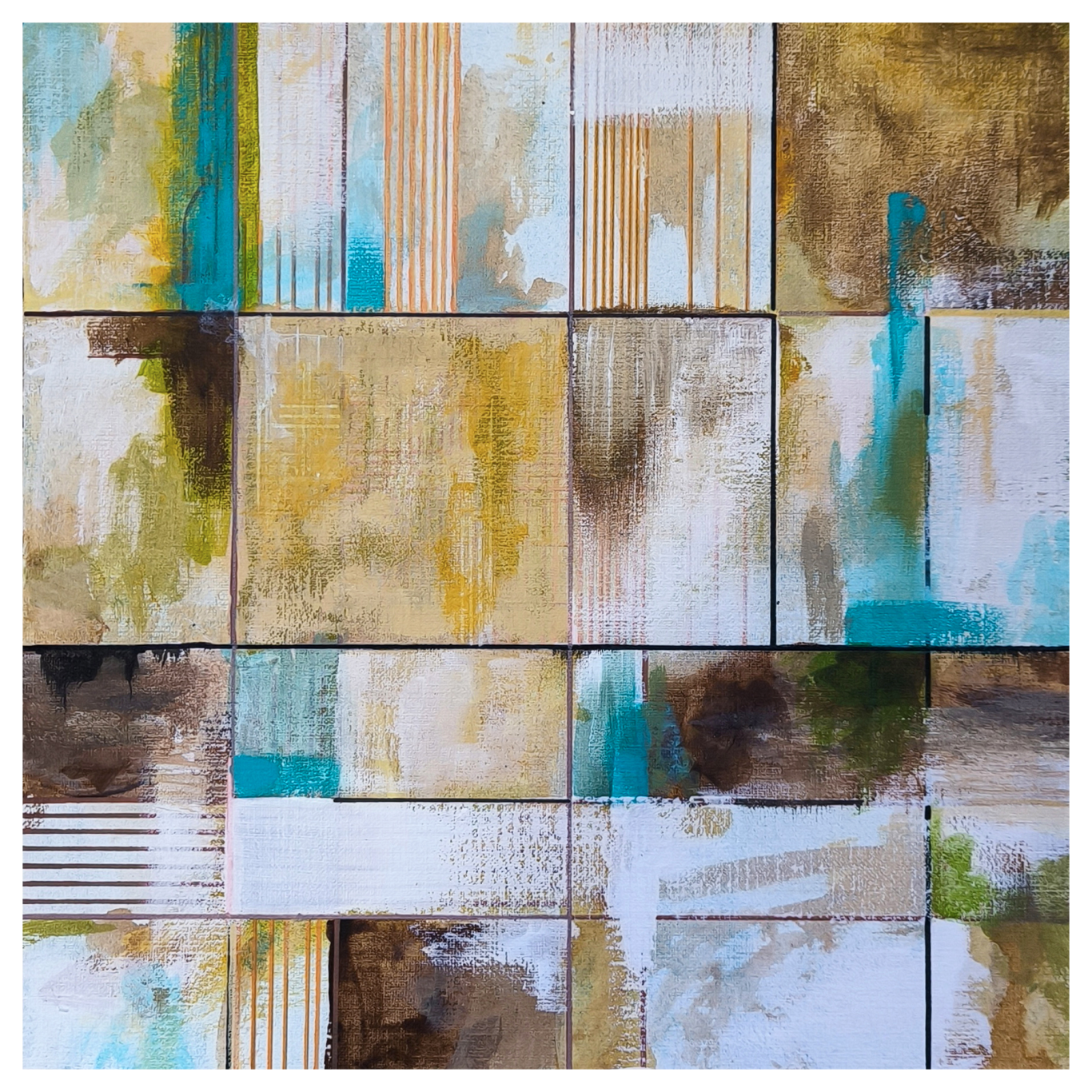 Acrilico sobre papel 240gr/ 25x25cm Composición abstracta con tonos amarillos, marrones yAzules en formas geométricas.