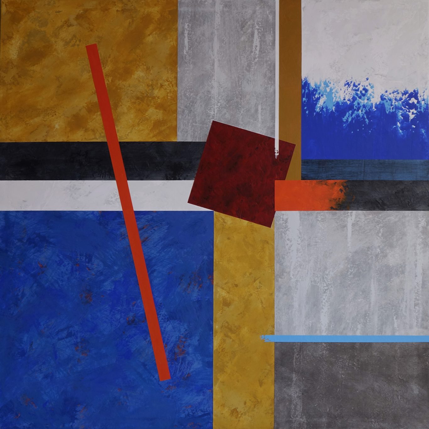 Título: Y me caí al mar Composición abstracta en colores cálidos y fríos con líneas y formas geométricas.