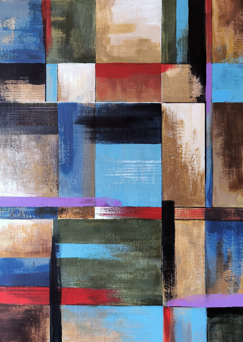 Acrilico sobre papel 400gr/ 24x33cm Composición abstracta con bloques de colores azul, negro, marrón y verde.