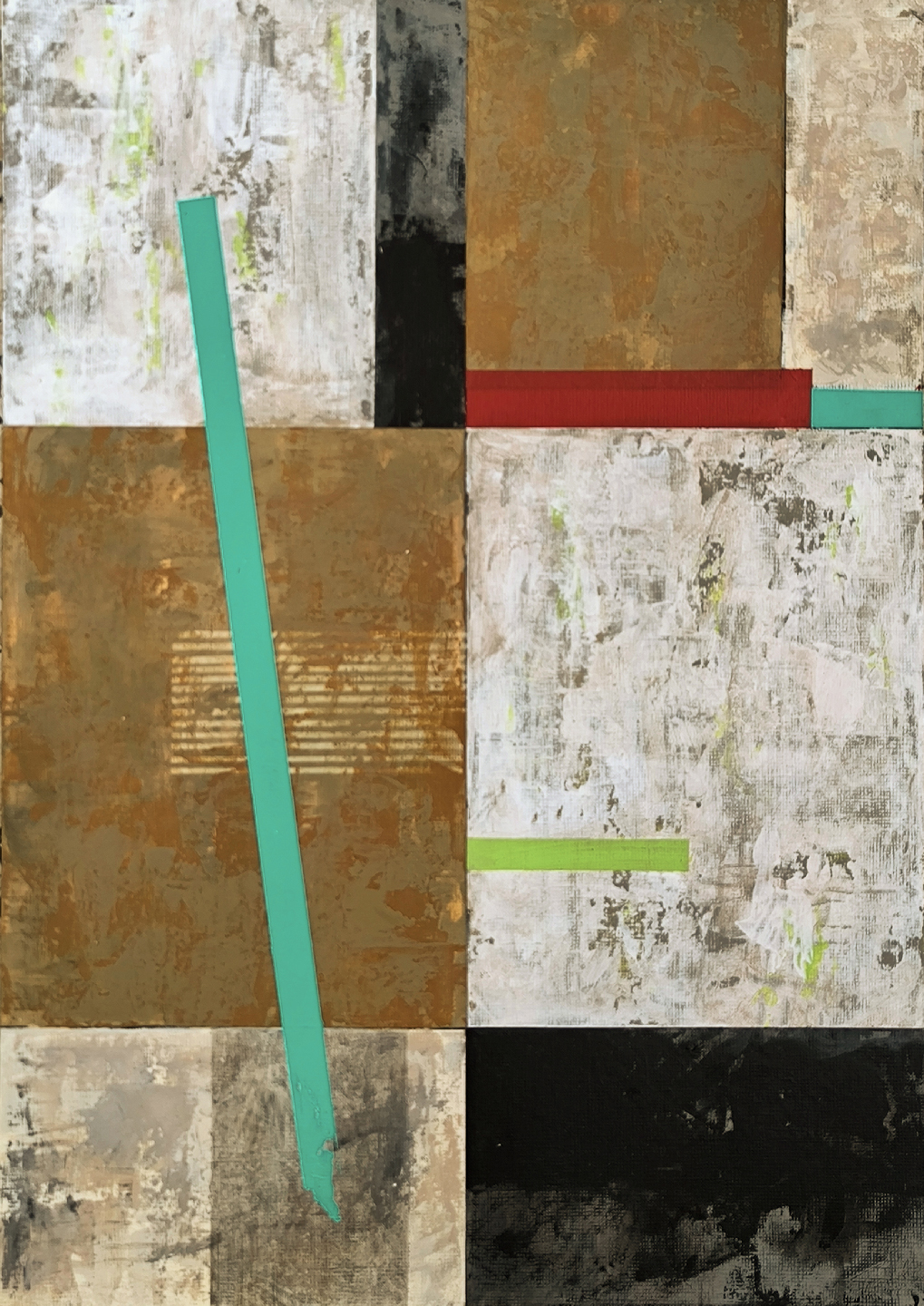 Acrilico sobre papel 400gr/ 24x33cm Composición abstracta con colores marrón, negro, blanco y líneas en verde y rojo.