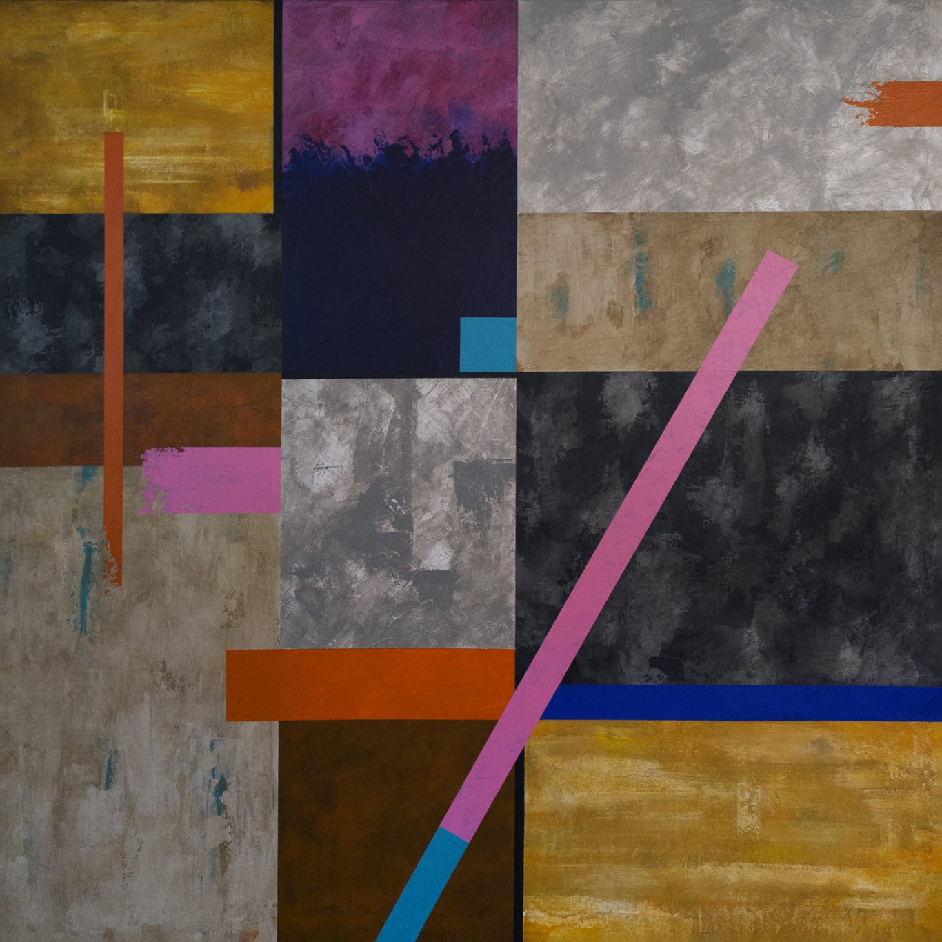 Acrilico sobre lienzo / medidas: 100x100 cm Composición abstracta con colores vibrantes y formas geométricas en un fondo texturizado.