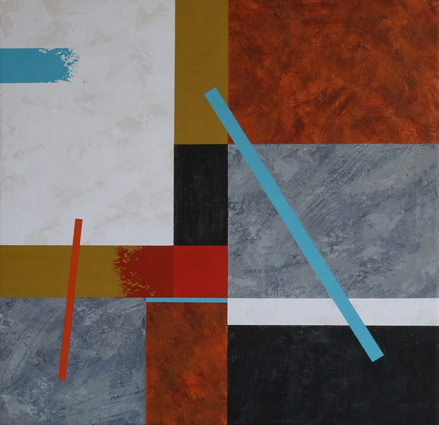 Título: Después de todo aprendí a amar Composición abstracta con formas geométricas en tonos rojo, azul, gris y naranja.