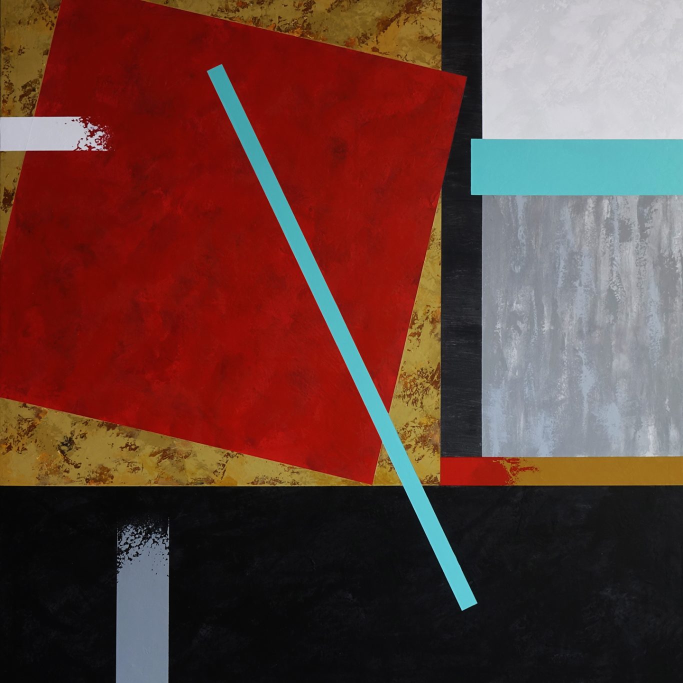 Título: Nunca pensé que sería rojo Composición abstracta con formas geométricas y colores vibrantes en rojo, azul y negro.