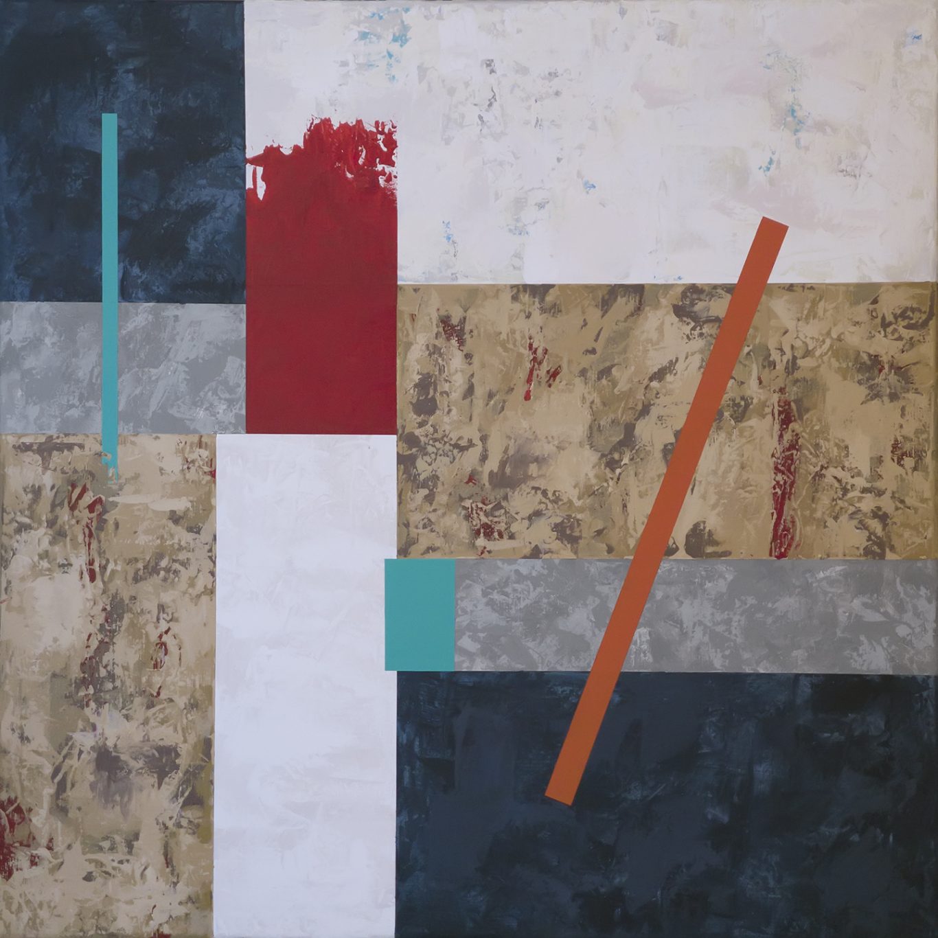 Acrilico sobre lienzo / medidas: 50x50 cm Composición abstracta con formas geométricas y colores vivos, como rojo, azul y naranja.